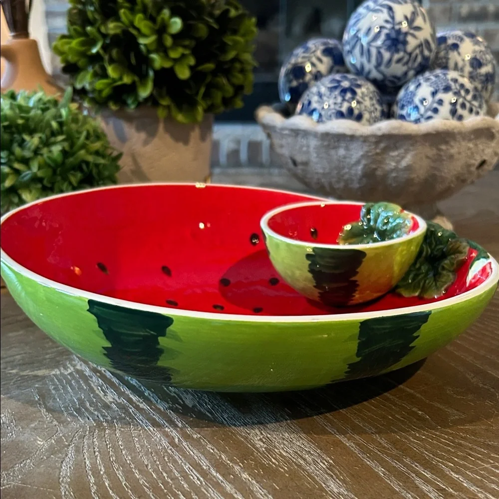 NEW! Ceramic Stoneware Vibrant Watermelon Chip & Dip Serving Fruit Bowl